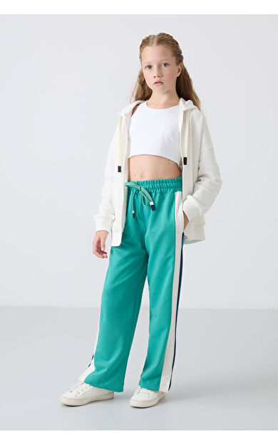 TommyLife Deniz Yeşil Yırtmaç Detaylı Cepli Geniş Paça Kız Çocuk Eşofman Alt - 75141