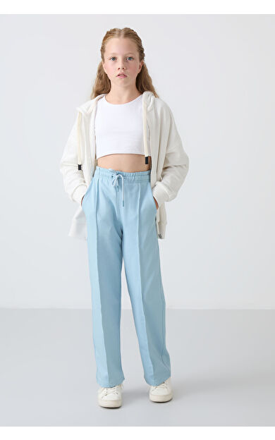 TommyLife Açık Mavi Cepli Ön Dikiş Detaylı Geniş Paça Kız Çocuk Eşofman Altı -75144