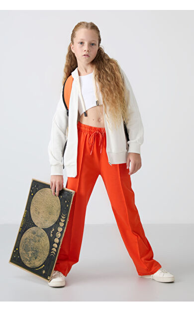 TommyLife Portakal Cepli Ön Dikiş Detaylı Geniş Paça Kız Çocuk Eşofman Altı -75144