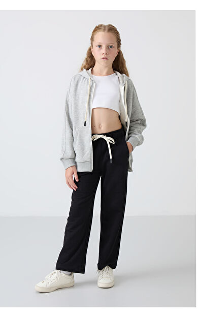 TommyLife Siyah Pamuklu İçi Tüylü Yumuşak Dokulu Standart Fit Nakışlı Kız Çocuk Eşofman Alt - 75146