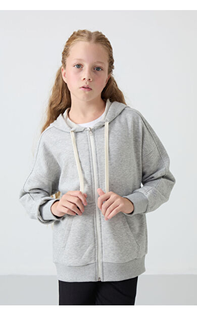 TommyLife Gri Melanj Pamuklu İçi Tüylü Yumuşak Dokulu Standart Fit Nakışlı Kız Çocuk Sweatshirt - 75149