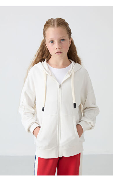 TommyLife Ekru Pamuklu İçi Tüylü Yumuşak Dokulu Standart Fit Nakışlı Kız Çocuk Sweatshirt - 75149
