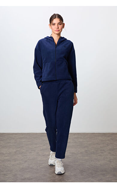 TommyLife Lacivert Kalın Yumuşak Dokulu Kapüşonlu Oversize Nakışlı Polar Kadın Eşofman Takım -95338