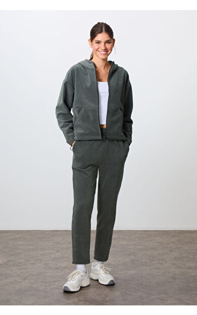 TommyLife Haki Kalın Yumuşak Dokulu Kapüşonlu Oversize Nakışlı Polar Kadın Eşofman Takım -95338