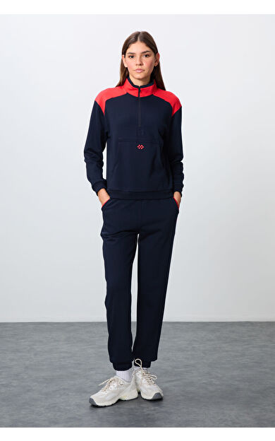 TommyLife İndigo Kompakt Pamuklu Kalın Pürüzsüz Dokulu Dik Yaka Oversize Fit Kadın Eşofman Takım - 95342