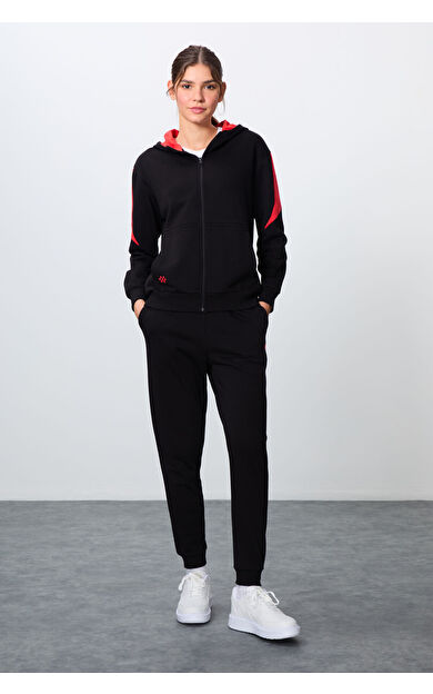 TommyLife Siyah Kompakt Pamuklu Kalın Pürüzsüz Dokulu Kapüşonlu Oversize Fit Kadın Eşofman Takım - 95343