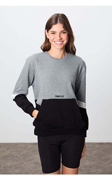 TommyLife Gri Melanj Kompakt Pamuklu Kalın Pürüzsüz Dokulu O Yaka Oversize Fit Kadın Sweatshirt - 97289