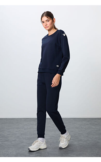 TommyLife İndigo Kompakt Pamuklu Kalın Pürüzsüz Dokulu O Yaka Oversize Fit Kadın Eşofman Takım - 95341