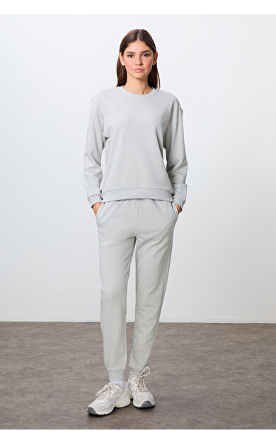 TommyLife Taş Kompakt Pamuklu Kalın Pürüzsüz Dokulu O Yaka Oversize Fit Kadın Eşofman Takım - 95341