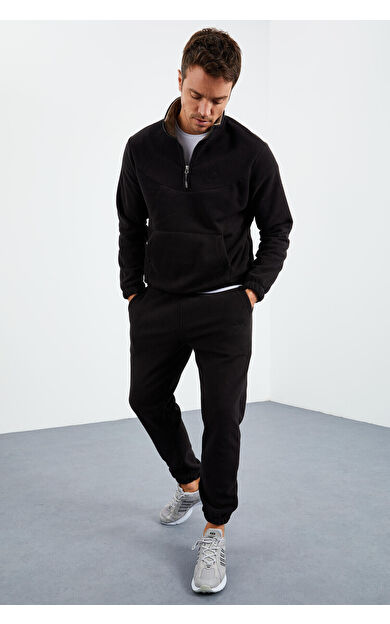 TommyLife Siyah Yarım Fermuar Dik Yaka Lastik Paça Polar Erkek Eşofman Takımı - 85159