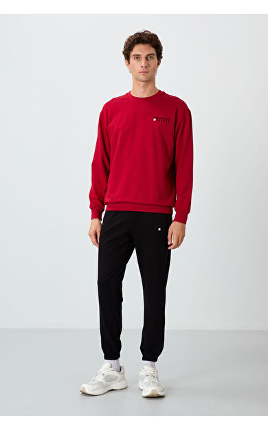 TommyLife Kırmızı - Siyah Casual O Yaka Lastik Paça Pamuklu Erkek Oversize Eşofman Takımı - 85120