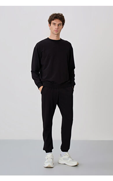 TommyLife Siyah Casual O Yaka Lastik Paça Pamuklu Erkek Oversize Eşofman Takımı - 85120
