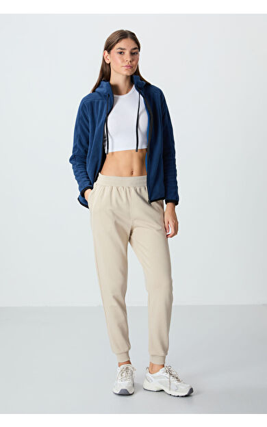 TommyLife Bej Kompakt Pamuklu Kalın Pürüzsüz Dokulu Standart Fit Kadın Eşofman Altı - 94660