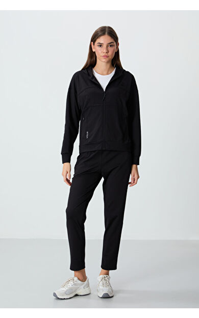 TommyLife Siyah Kapüşonlu Gizli Cep Detaylı Standart Kalıp Kadın Eşofman Takımı - 95306
