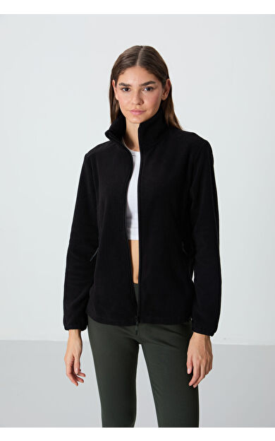 TommyLife Siyah Dik Yaka Fermuarlı Rahat Form Kadın Polar Sweatshirt - 97173