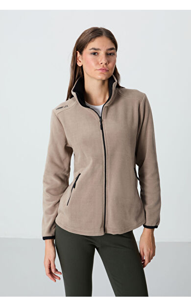 TommyLife Koyu Bej Dik Yaka Fermuarlı Rahat Form Kadın Polar Sweatshirt - 97173