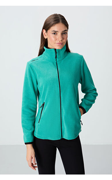 TommyLife Deniz Yeşili Dik Yaka Fermuarlı Rahat Form Kadın Polar Sweatshirt - 97173