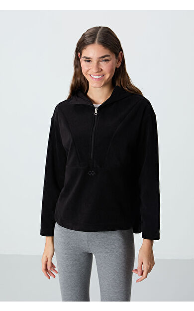 TommyLife Siyah Kalın Yumuşak Dokulu Kapüşonlu Oversize Nakışlı Polar Kadın Sweatshirt -97286