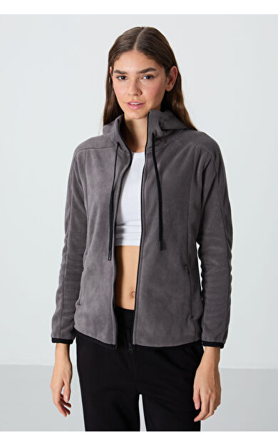 TommyLife Koyu Gri Kalın Yumuşak Dokulu Kapüşonlu Standart Fit Nakışlı Polar Kadın Sweatshirt -97287