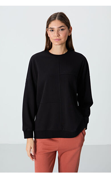 TommyLife Siyah Kompakt Pamuklu Kalın Pürüzsüz Dokulu O Yaka Oversize Fit Kadın Sweatshirt - 97288