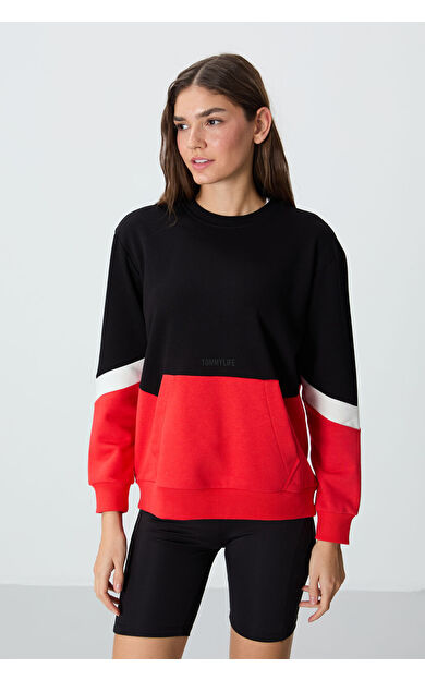 TommyLife Siyah Kompakt Pamuklu Kalın Pürüzsüz Dokulu O Yaka Oversize Fit Kadın Sweatshirt - 97289