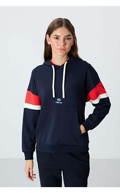 TommyLife İndigo Kompakt Pamuklu Kalın Pürüzsüz Dokulu Kapüşonlu Oversize Fit Kadın Sweatshirt - 97290