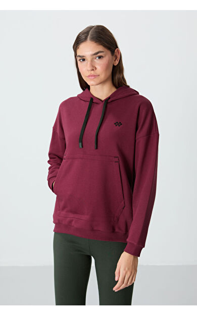 TommyLife Erguvan Kompakt Pamuklu Kalın Pürüzsüz Dokulu Kapüşonlu Oversize Fit Kadın Sweatshirt - 97291