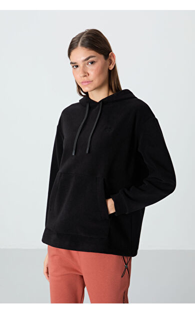 TommyLife Siyah Kalın Yumuşak Dokulu Kapüşonlu Oversize Nakışlı Polar Kadın Sweatshirt - 97292