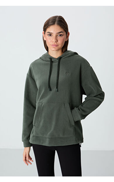 TommyLife Haki Kalın Yumuşak Dokulu Kapüşonlu Oversize Nakışlı Polar Kadın Sweatshirt - 97292