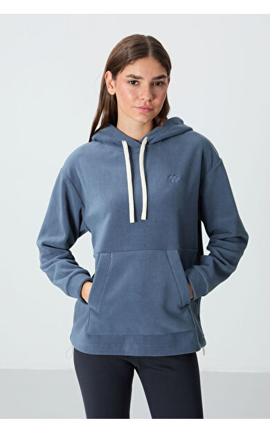 TommyLife Petrol Kalın Yumuşak Dokulu Kapüşonlu Oversize Nakışlı Polar Kadın Sweatshirt - 97292