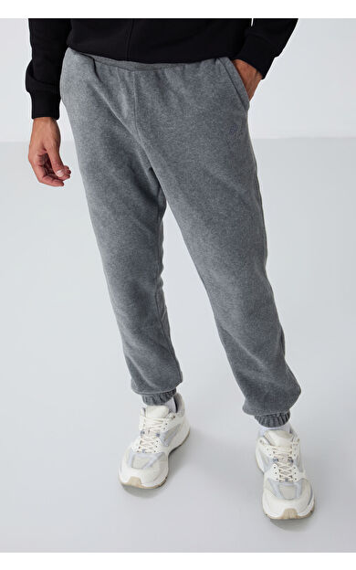 TommyLife Gri Melanj Gizli Fermuarlı Rahat Form Lastik Paça Polar Erkek Eşofman Alt - 84866