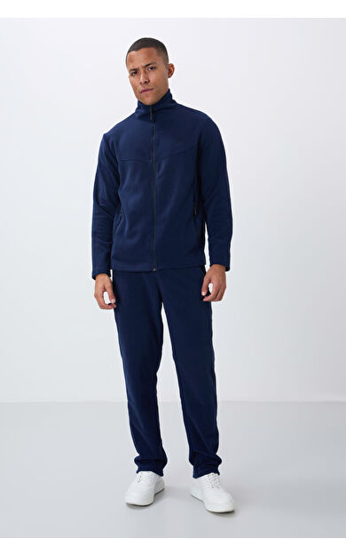 TommyLife İndigo Dik Yaka Basic Fermuar Cepli Standart Kalıp Erkek Polar Eşofman Takımı - 85193