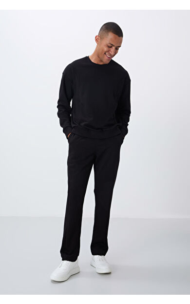 TommyLife Siyah Kompakt Pamuklu Kalın Pürüzsüz Dokulu O Yaka Comfort Fit Erkek Eşofman Takım -85263