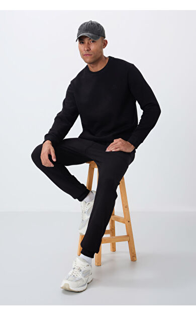 TommyLife Siyah Pamuklu Kalın İçi Tüylü Yumuşak Dokulu Comfort Fit Nakışlı Erkek Eşofman Takım -85265