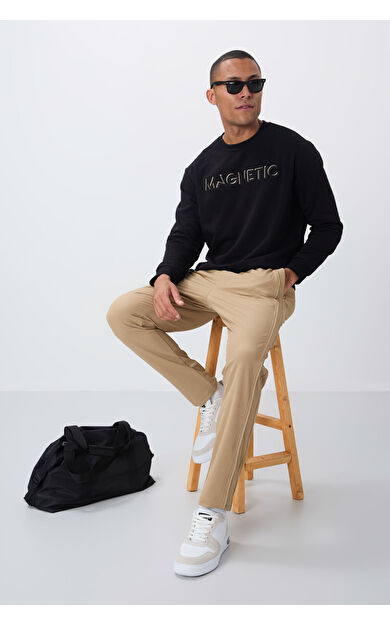 TommyLife Siyah Yazı Nakışlı O Yaka Rahat Form İçi Polarlı Erkek Sweatshirt - 88020