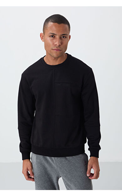 TommyLife Siyah Kompakt Pamuklu Kalın Pürüzsüz Dokulu O Yaka Standart Fit Erkek Sweatshirt -88405