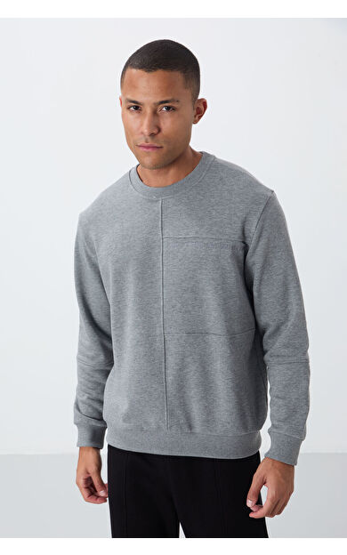 TommyLife Gri Melanj Kompakt Pamuklu Kalın Pürüzsüz Dokulu O Yaka Standart Fit Erkek Sweatshirt -88405