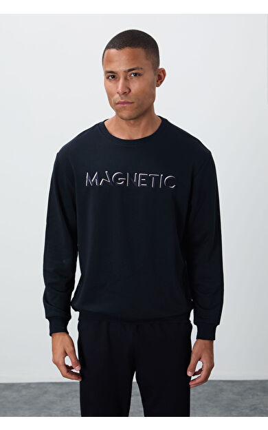 TommyLife Lacivert Yazı Nakışlı O Yaka Rahat Form İçi Polarlı Erkek Sweatshirt - 88020