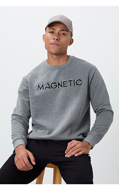 TommyLife Gri Melanj Yazı Nakışlı O Yaka Rahat Form İçi Polarlı Erkek Sweatshirt - 88020