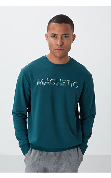 TommyLife Zümrüt Yazı Nakışlı O Yaka Rahat Form İçi Polarlı Erkek Sweatshirt - 88020