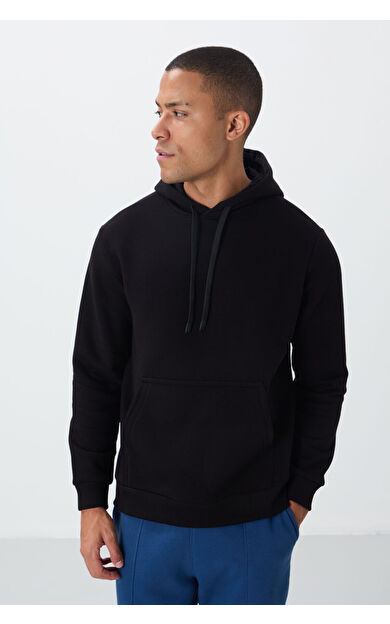 TommyLife Siyah Pamuklu Kalın İçi Tüylü Yumuşak Dokulu Comfort Fit Nakışlı Erkek Sweatshirt - 88419