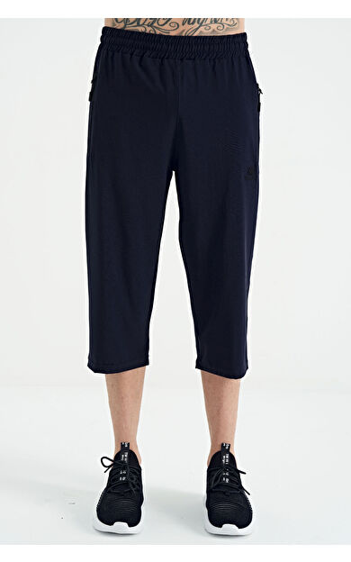 TommyLife İndigo Bağcıklı Standart Kalıp Fermuar Cepli Aktif Spor Erkek Kapri - 83096