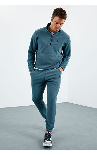 TommyLife Orman Yeşil - Orman Yeşil Yarım Fermuar Dik Yaka Lastik Paça Polar Erkek Eşofman Takımı - 85159