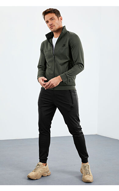 TommyLife Haki-Siyah Dik Yaka Fermuarlı Standart Kalıp Manşetli Erkek Eşofman Takım - 85160