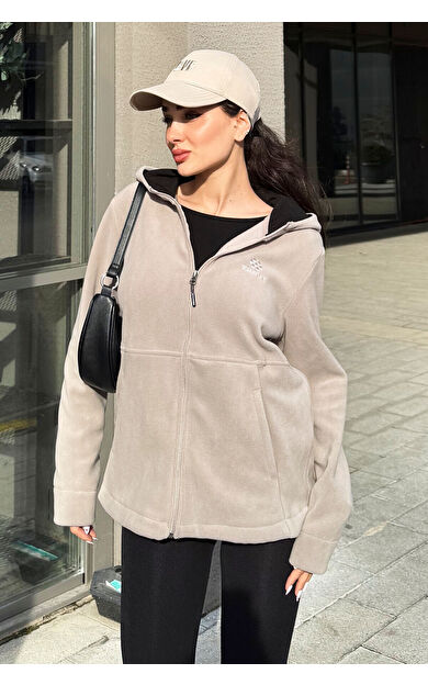 TommyLife Koyu Bej Kapüşonlu Fermuarlı Rahat Form Kadın Polar Sweatshirt - 97233
