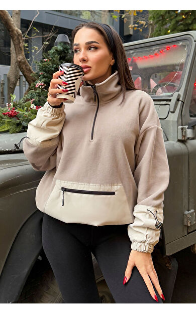 TommyLife Koyu Bej Etek Ucu Büzgülü Yarım Fermuarlı Oversize Kadın Polar Sweatshirt - 97238