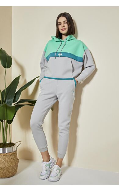 TommyLife Taş Kapüşonlu Pamuklu Renk Bloklu Kadın Eşofman Takım - 95327