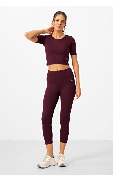 TommyLife Bordo Yüksek Bel Kapri-Crop T-Shirt Slim Fit Kadın Tayt Takım - 95285