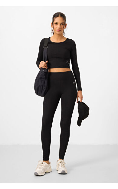 TommyLife Siyah Yüksek Bel Uzun Kollu Slim Fit Crop Top Kadın Tayt Takım - 95286