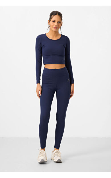 TommyLife İndigo Yüksek Bel Uzun Kollu Slim Fit Crop Top Kadın Tayt Takım - 95286